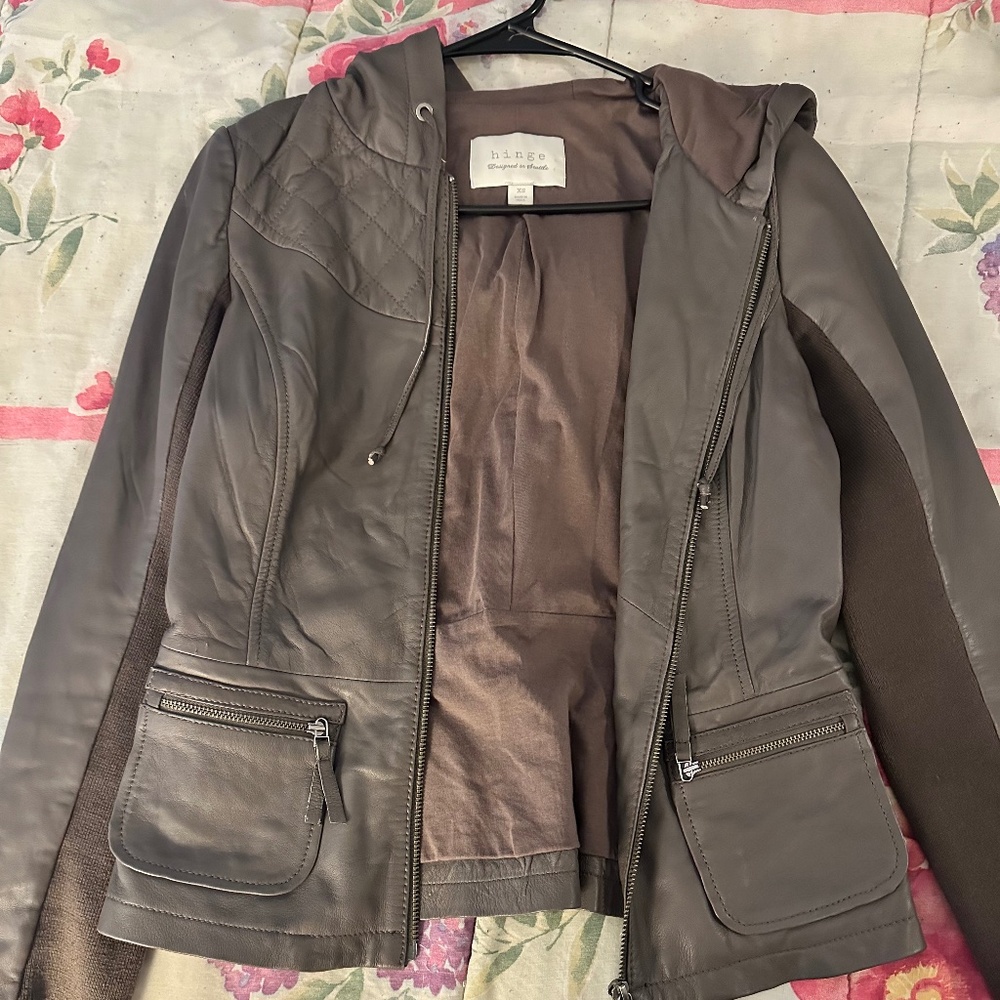 Hinge Leather Hooded Jacket Steel Grey Size M